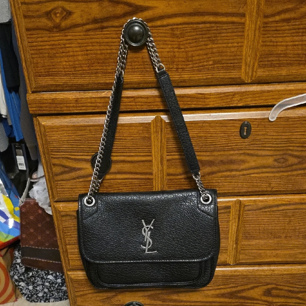 Yves Saint Laurent Black Textured Shoulder Bag with Chain Strap